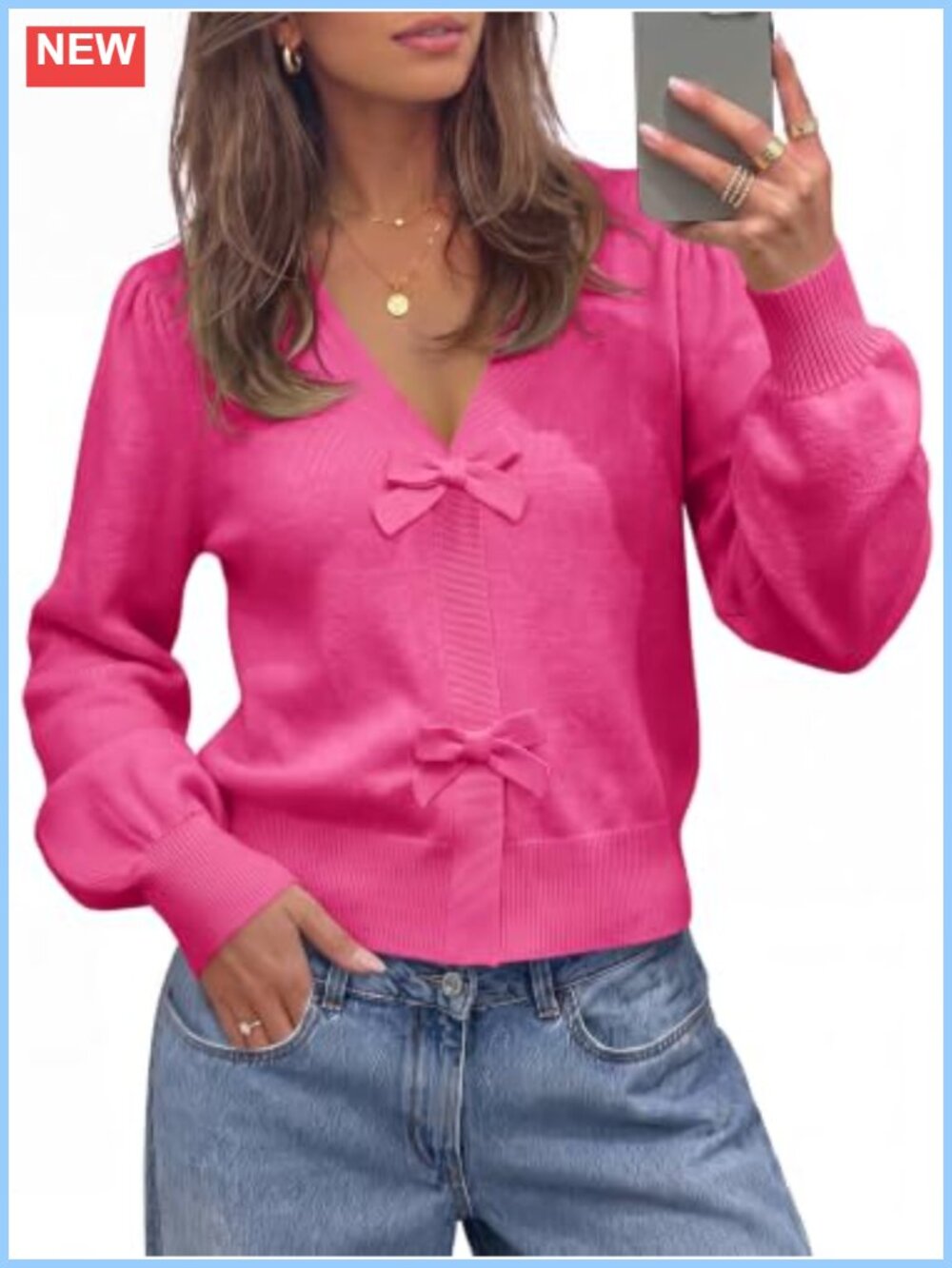 Ribbed Knit Bow Cardigan Puff Sleeve V Neck Crop Sweater